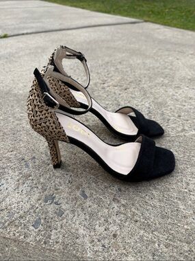 Lodi Black Suede & Woven Beige Ankle Strap Heels